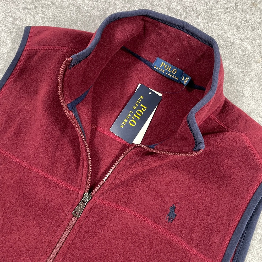 Polo Ralph Lauren Mens Fleece Vest Large Burgundy Red Full Zip Mock Neck NWT